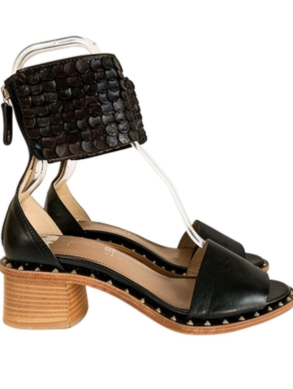 AGL Italian Black Leather Studded Block Heel Sandals, Scalloped Ankle Cuff 39/9